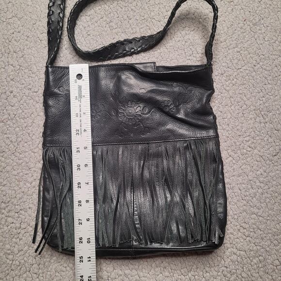 Fossil Crossbody Shoulder Bag Black Leather Floral Embossed Fringe Boho Hippie - Picture 6 of 10